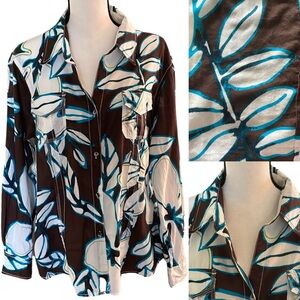 Brown and Blue Leaf Print Women's Top